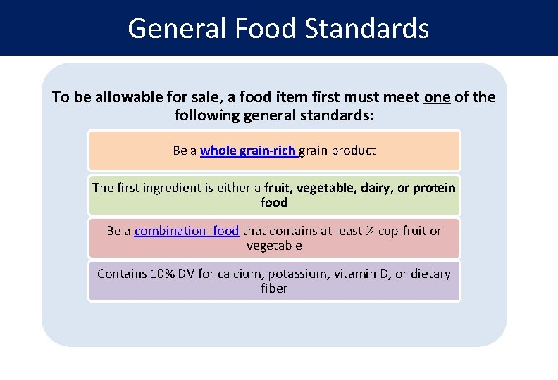General Food Standards To be allowable for sale, a food item first must meet