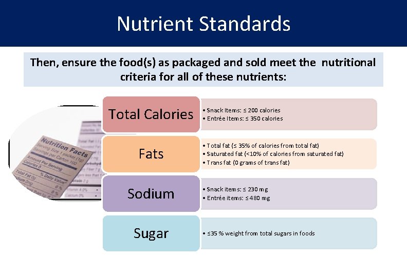 Nutrient Standards Then, ensure the food(s) as packaged and sold meet the nutritional criteria