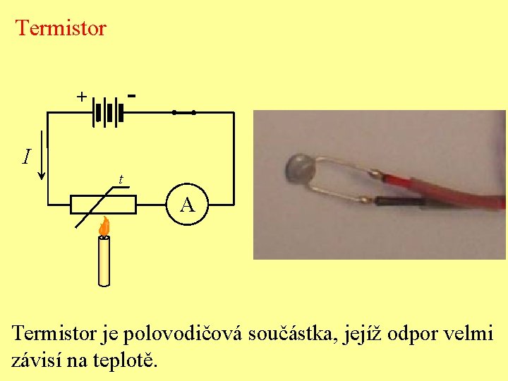 Termistor - + I t A Termistor je polovodičová součástka, jejíž odpor velmi závisí