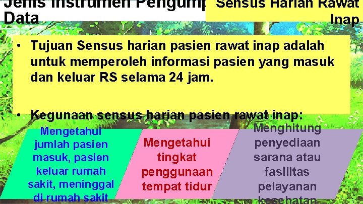 Sensus Harian Rawat Jenis Instrumen Pengumpulan Data Inap • Tujuan Sensus harian pasien rawat