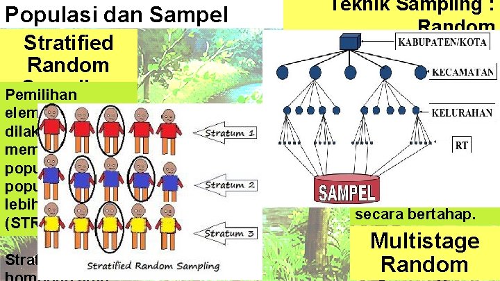 Populasi dan Sampel Stratified Random Sampling Pemilihan elemen sampel dilakukan membagi populasi menjadi populasi