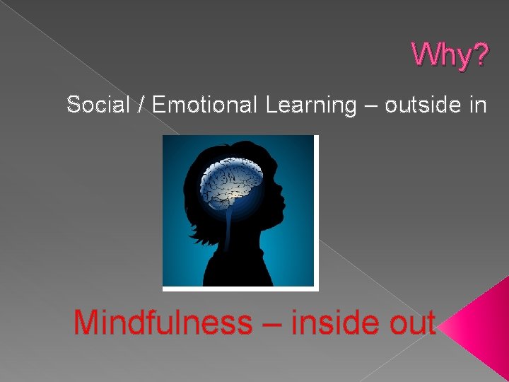 Why? Social / Emotional Learning – outside in Mindfulness – inside out 