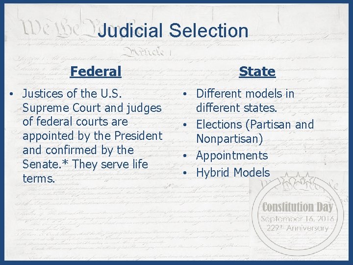 Judicial Selection Federal • Justices of the U. S. Supreme Court and judges of