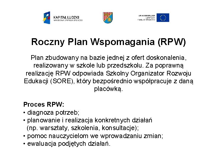 Roczny Plan Wspomagania (RPW) Plan zbudowany na bazie jednej z ofert doskonalenia, realizowany w