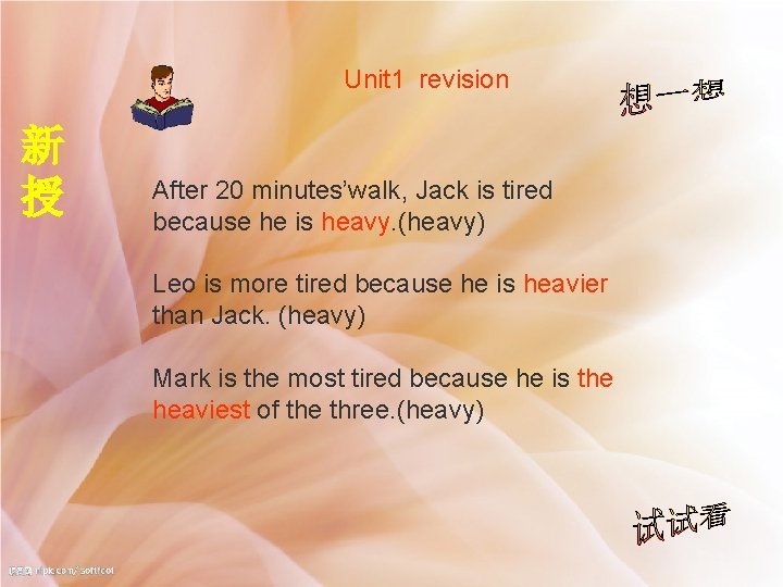 Unit 1 revision 新 授 After 20 minutes’walk, Jack is tired because he is