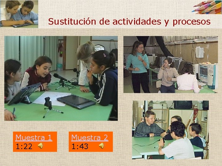 Sustitución de actividades y procesos Muestra 1 1: 22 Muestra 2 1: 43 Sustitución de actividades y procesos Muestra 1 1: 22 Muestra 2 1: 43