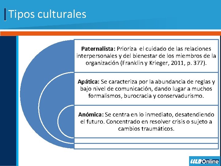 Tipos culturales Paternalista: Prioriza el cuidado de las relaciones interpersonales y del bienestar de