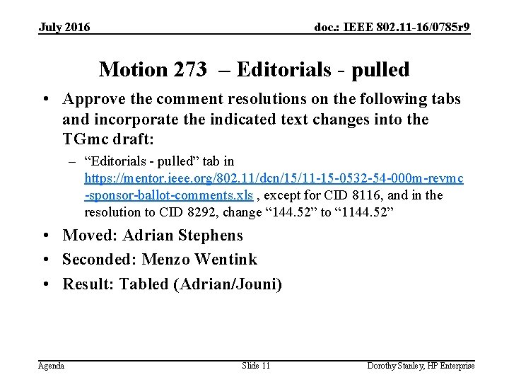 July 2016 doc. : IEEE 802. 11 -16/0785 r 9 Motion 273 – Editorials