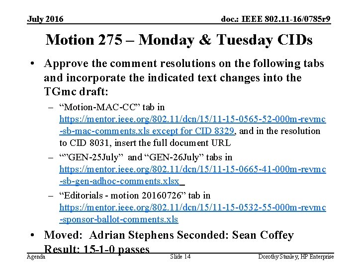 July 2016 doc. : IEEE 802. 11 -16/0785 r 9 Motion 275 – Monday