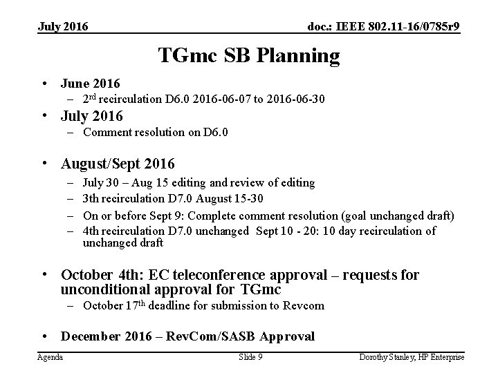 July 2016 doc. : IEEE 802. 11 -16/0785 r 9 TGmc SB Planning •