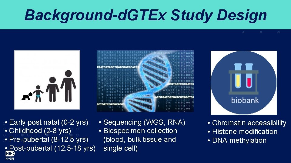 Background-d. GTEx Study Design • Early post natal (0 -2 yrs) • Sequencing (WGS,