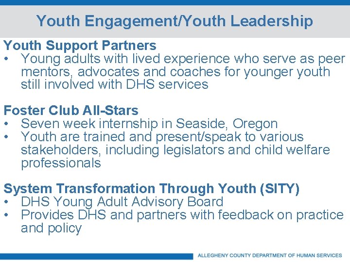 Youth Engagement/Youth Leadership Youth Support Partners • Young adults with lived experience who serve