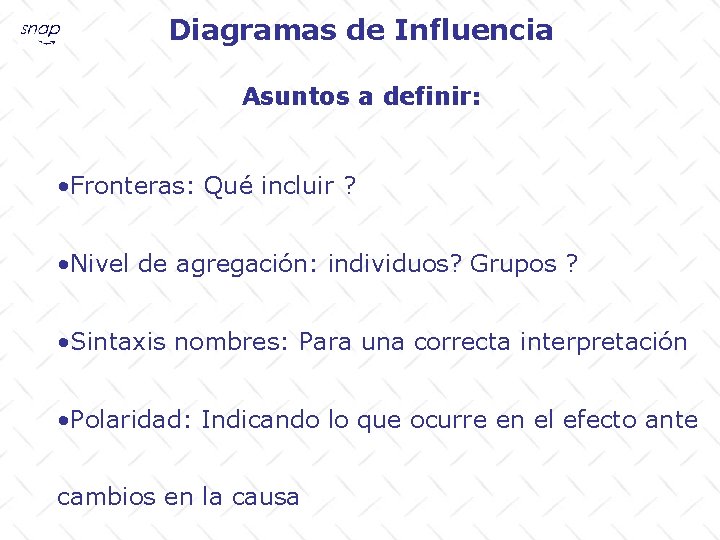 Diagramas de Influencia Asuntos a definir: • Fronteras: Qué incluir ? • Nivel de