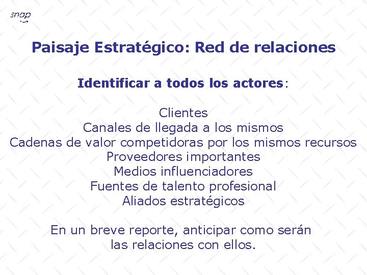 Paisaje Estratégico: Red de relaciones Identificar a todos los actores: Clientes Canales de llegada