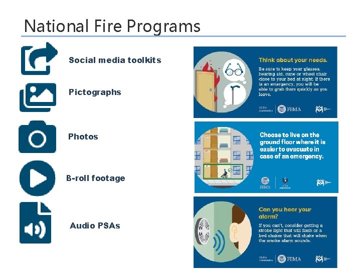 National Fire Programs Social media toolkits Pictographs Photos B-roll footage Audio PSAs 