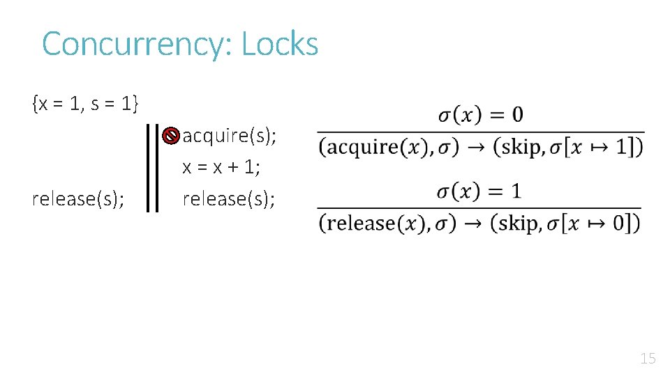 Concurrency: Locks {x = 1, s = 1} release(s); acquire(s); x = x +