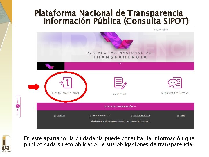 Plataforma Nacional de Transparencia Información Pública (Consulta SIPOT) En este apartado, la ciudadanía puede