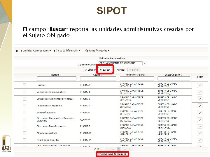 SIPOT El campo “Buscar” reporta las unidades administrativas creadas por el Sujeto Obligado 