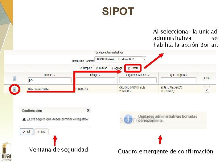 SIPOT Al seleccionar la unidad administrativa se habilita la acción Borrar. Ventana de seguridad