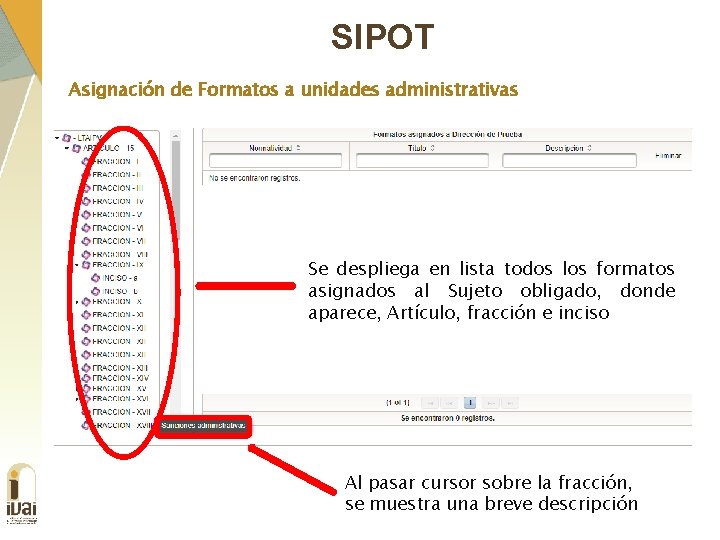 SIPOT Asignación de Formatos a unidades administrativas Se despliega en lista todos los formatos