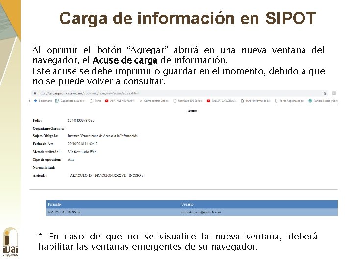 Carga de información en SIPOT Al oprimir el botón “Agregar” abrirá en una nueva