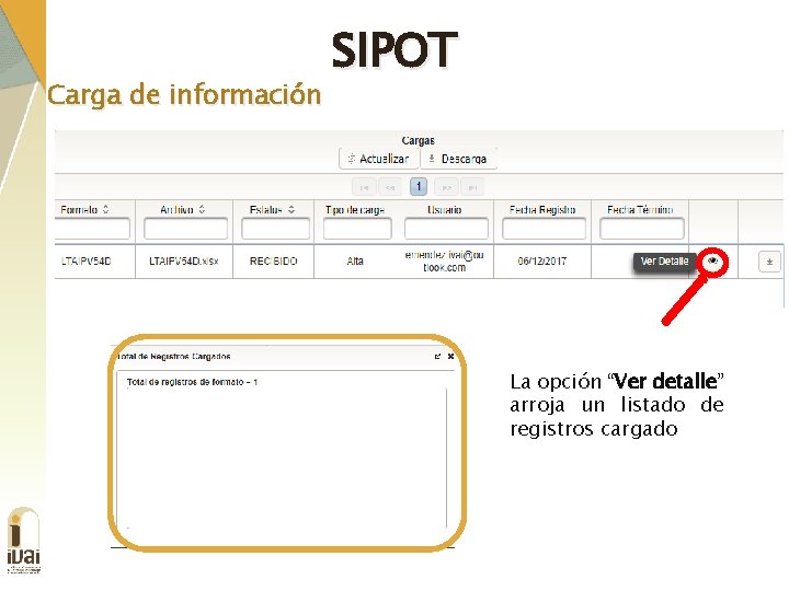 Carga de información SIPOT La opción “Ver detalle” arroja un listado de registros cargado