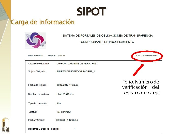 Carga de información SIPOT Folio: Número de verificación del registro de carga 
