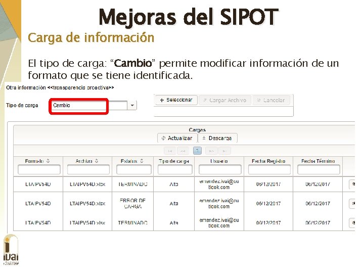 Mejoras del SIPOT Carga de información El tipo de carga: “Cambio” permite modificar información