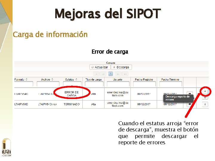 Mejoras del SIPOT Carga de información Error de carga Cuando el estatus arroja “error