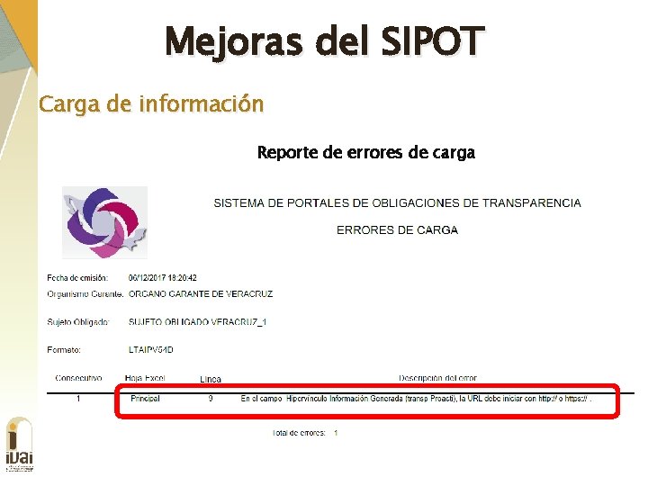 Mejoras del SIPOT Carga de información Reporte de errores de carga 