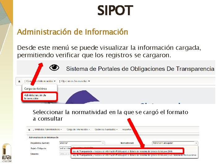 SIPOT Administración de Información Desde este menú se puede visualizar la información cargada, permitiendo
