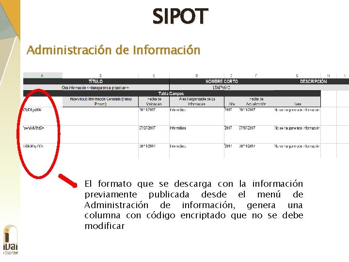 SIPOT Administración de Información El formato que se descarga con la información previamente publicada