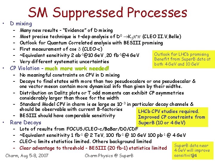 SM Suppressed Processes • D mixing • CP Violation - much more work needed!