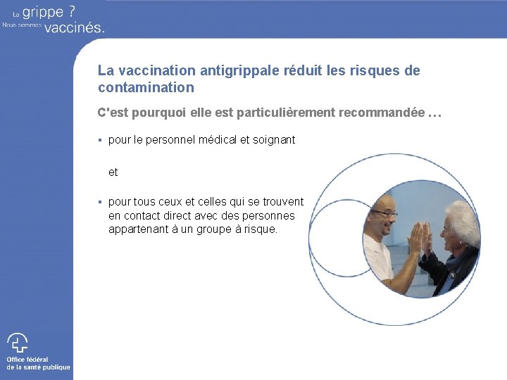 La vaccination antigrippale réduit les risques de contamination C'est pourquoi elle est particulièrement recommandée