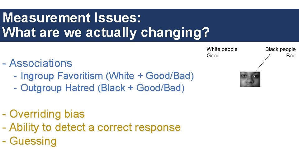 Measurement Issues: What are we actually changing? - Associations - Ingroup Favoritism (White +