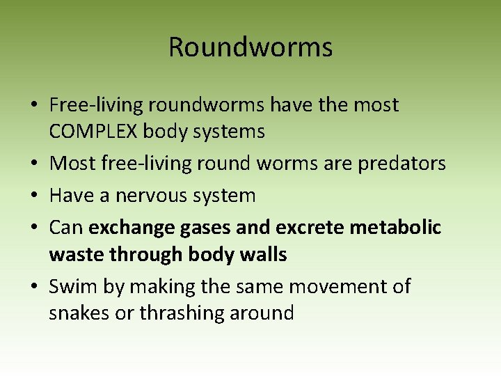 Roundworms • Free-living roundworms have the most COMPLEX body systems • Most free-living round