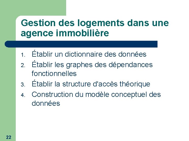 Gestion des logements dans une agence immobilière 1. 2. 3. 4. 22 Établir un