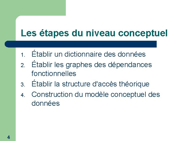 Les étapes du niveau conceptuel 1. 2. 3. 4. 4 Établir un dictionnaire des