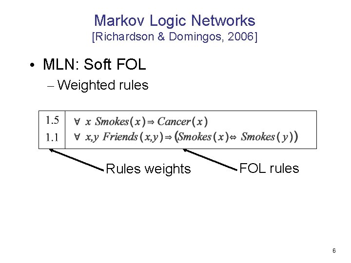 Markov Logic Networks [Richardson & Domingos, 2006] • MLN: Soft FOL – Weighted rules