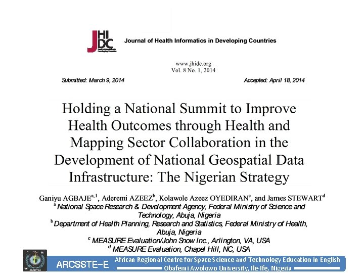 ARCSSTE-E African Regional Centre for Space Science and Technology Education in English Obafemi Awolowo