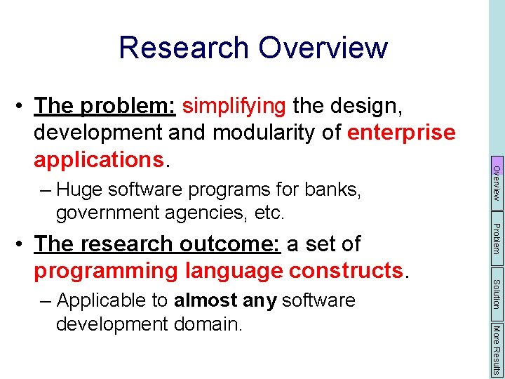 Research Overview More Results – Applicable to almost any software development domain. Solution •