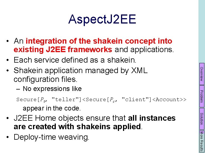 Aspect. J 2 EE Secure[Pt, "teller"]<Secure[Pc, "client"]<Account>> Problem – No expressions like Overview •