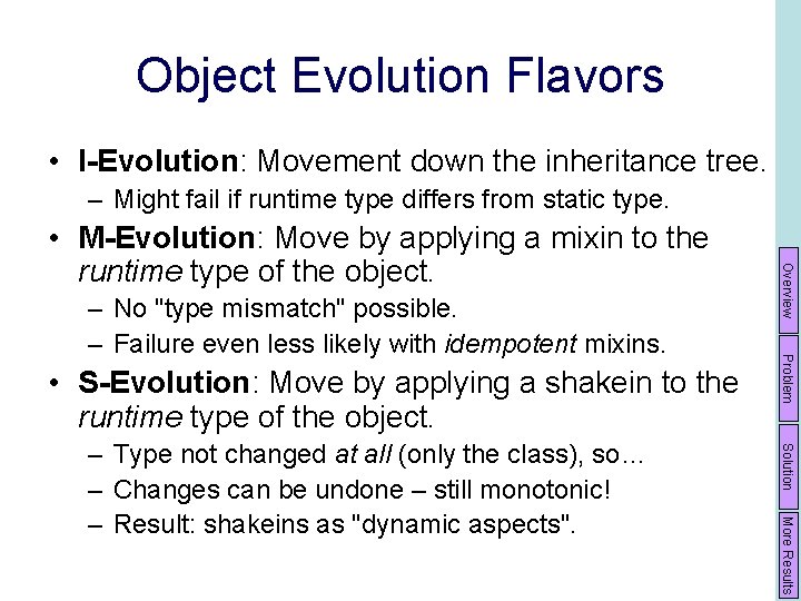 Object Evolution Flavors • I-Evolution: Movement down the inheritance tree. – Might fail if