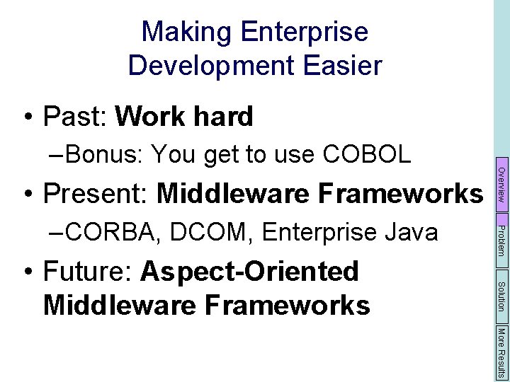 Making Enterprise Development Easier • Past: Work hard • Present: Middleware Frameworks Solution •