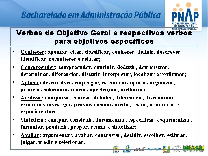 Verbos de Objetivo Geral e respectivos verbos para objetivos específicos • Conhecer: apontar, citar,