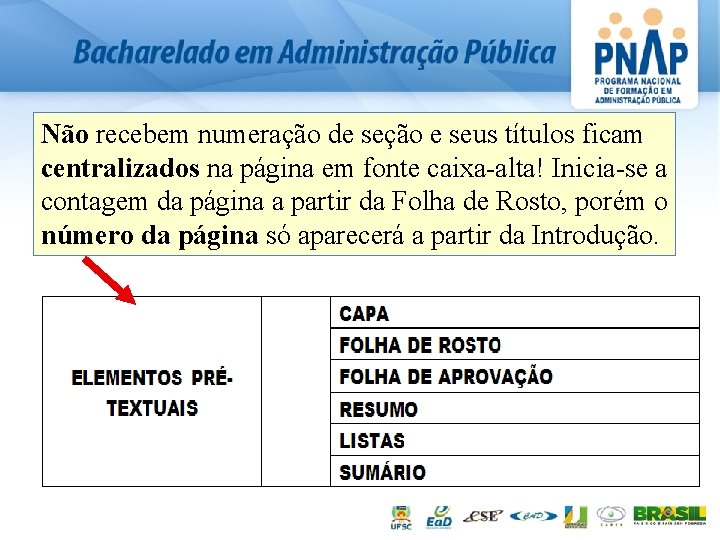 Não recebem numeração de seção e seus títulos ficam centralizados na página em fonte