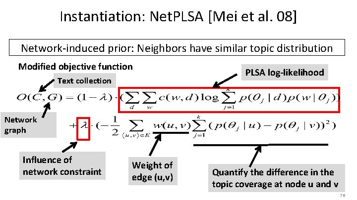 Instantiation: Net. PLSA [Mei et al. 08] Network-induced prior: Neighbors have similar topic distribution