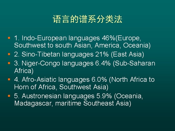 语言的谱系分类法 § 1. Indo-European languages 46%(Europe, Southwest to south Asian, America, Oceania) § 2.