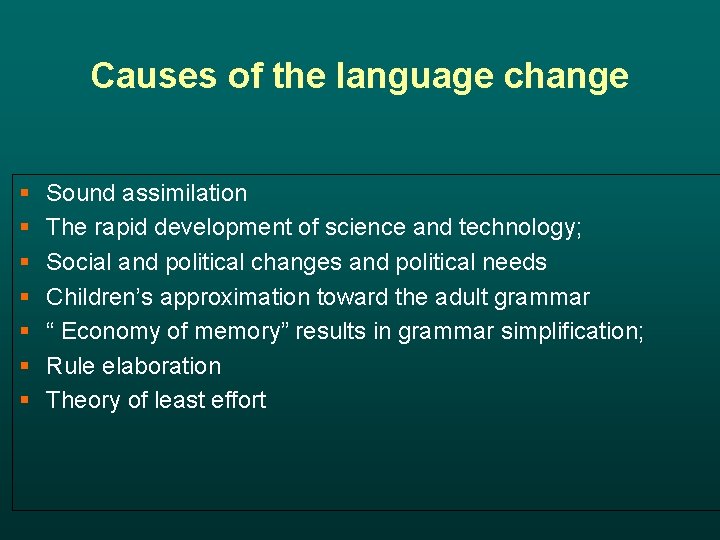 Causes of the language change § § § § Sound assimilation The rapid development