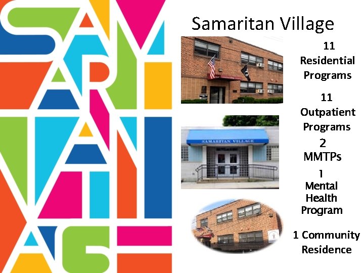 Samaritan Village. 11 Residential Programs 11 Outpatient Programs 2 MMTPs 1 Mental Health Program